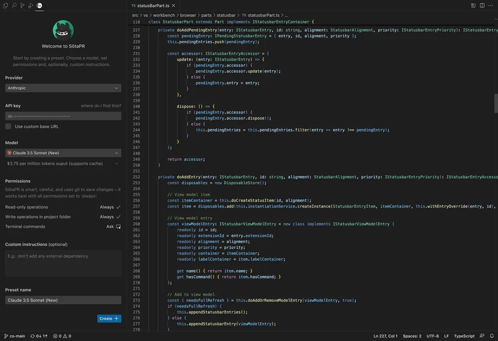 Welcome view with a form to customize the model and permissions.