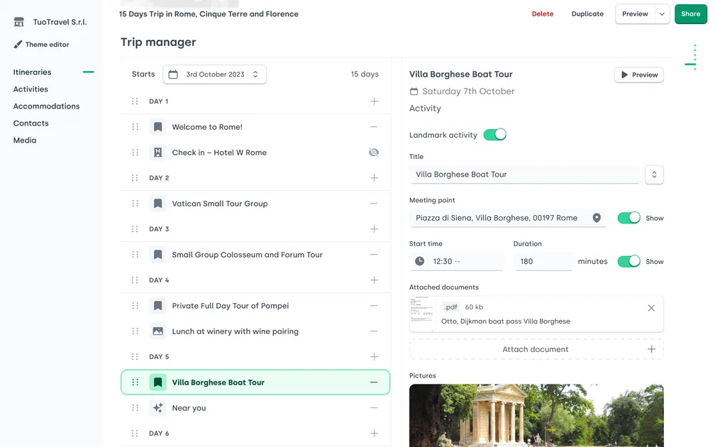 'Trip manager' section. On the left, a sortable list of activities, grouped by day. They include activities ('Vatican tour'), check-in/check-outs, transfers or 'Near you' – AI suggestions. On the right, a form to edit the selected entry, attach documents or open the preview on that section.