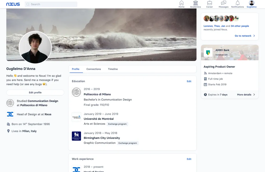 Desktop user profile. On the left, the bio and the most recent study title and job position. In the centre, secondary navigation and user content. On the right, an aside with a job offer.