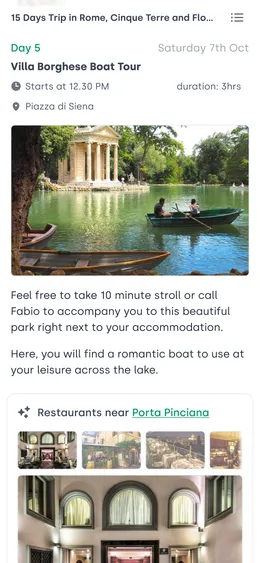 Itinerary activity. Clearly displays the start time and duration, as well as the location meeting point under the title for the activity.